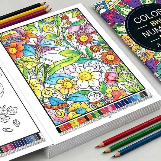 Adult color-by-number coloring book page with floral wildlife art and colored pencils