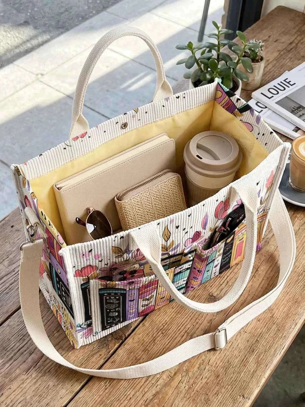 Colorful Books & Flowers Print Corduroy Tote Bag Large Capacity Multi Pocket Commuter Shoulder Bag