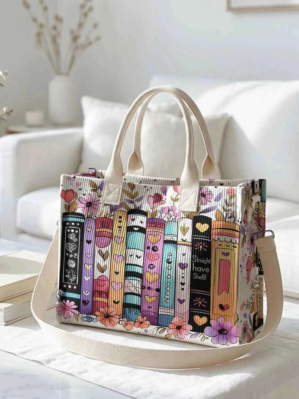 Colorful Books & Flowers Print Corduroy Tote Bag Large Capacity Multi Pocket Commuter Shoulder Bag