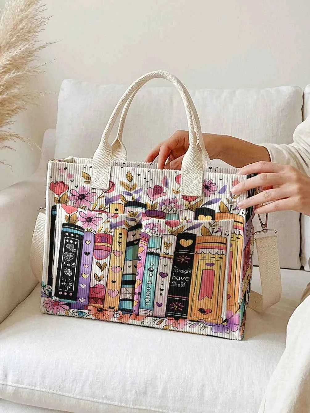 Colorful Books & Flowers Print Corduroy Tote Bag Large Capacity Multi Pocket Commuter Shoulder Bag