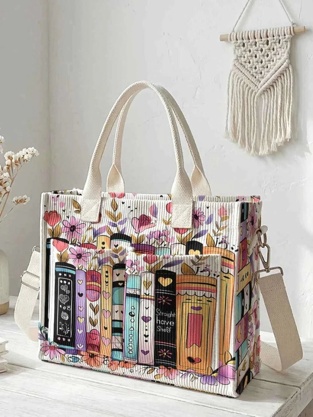 Colorful Books & Flowers Print Corduroy Tote Bag Large Capacity Multi Pocket Commuter Shoulder Bag