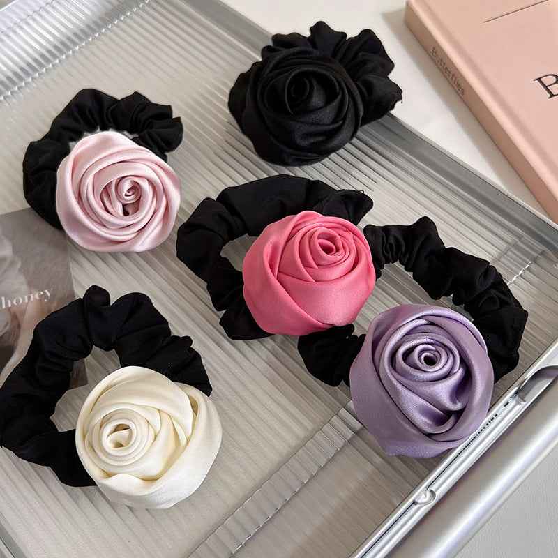 Handmade Satin Rose Hair Ring – High Elasticity Elegant Hair Accessory for Women