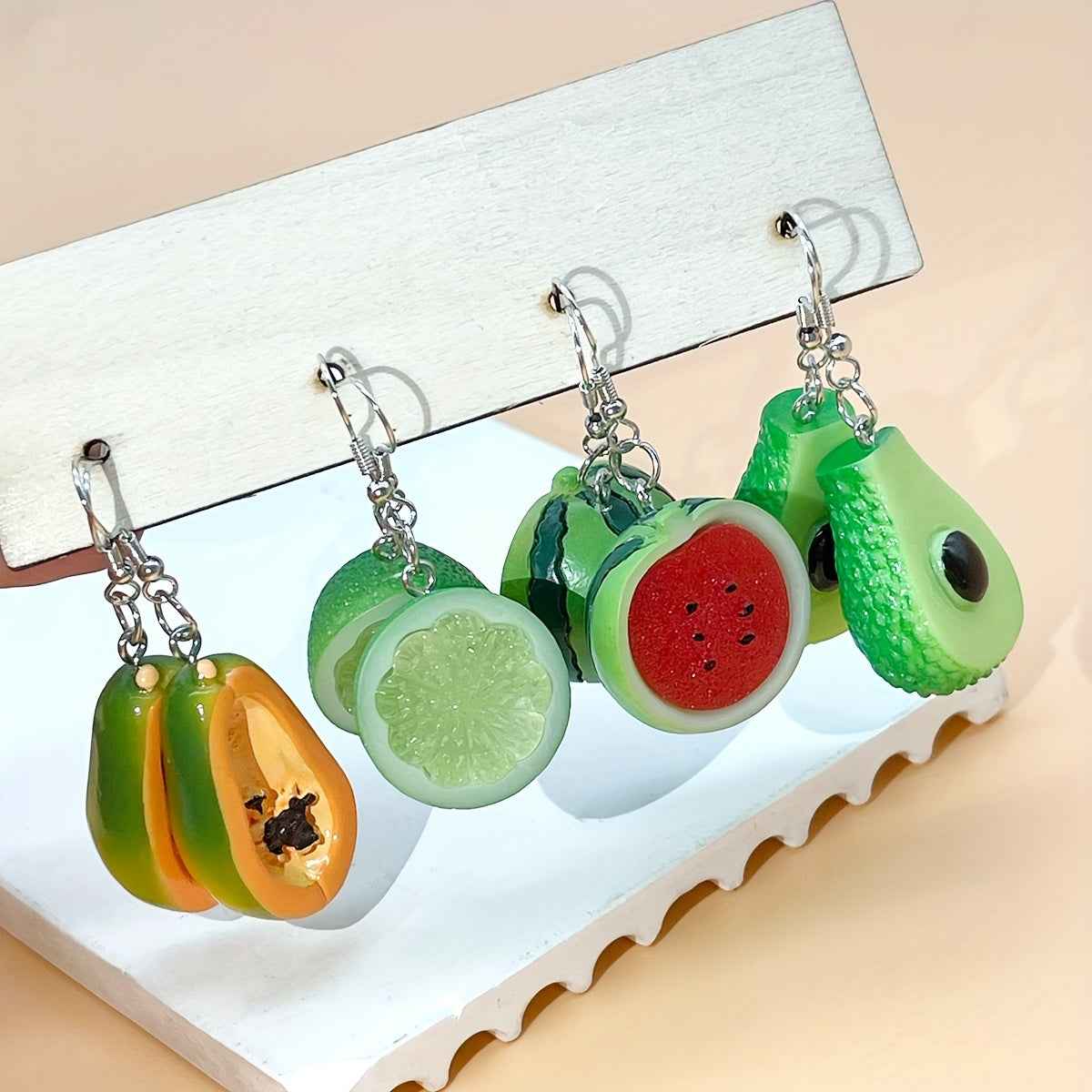 4 Pairs of Cute Resin Watermelon, Lemon, Avocado, and Papaya Funny Pendant Earrings Set for St, Patrick'S Day