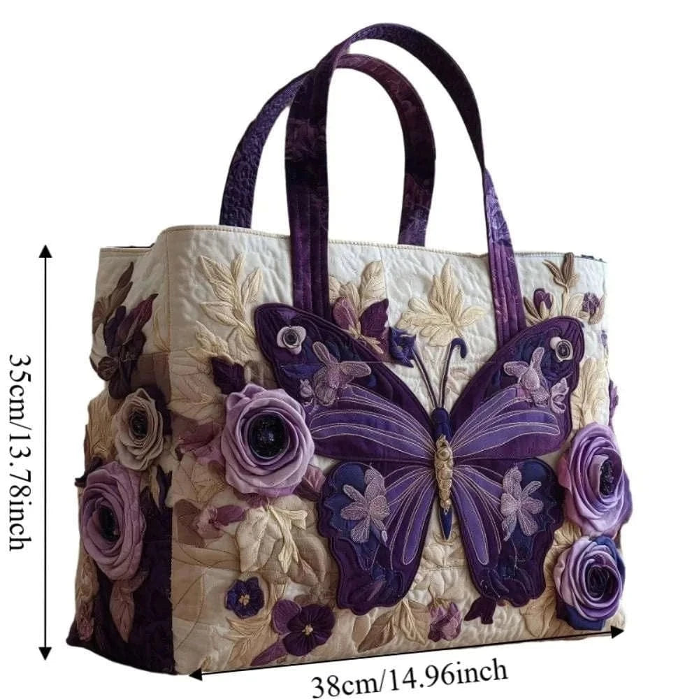 Butterfly Patterns Women Quilted Tote Bag Vintage Lightweight Travel Handbag Large Capacity 3D Printed Patterns Shopping Bag Namahfad
