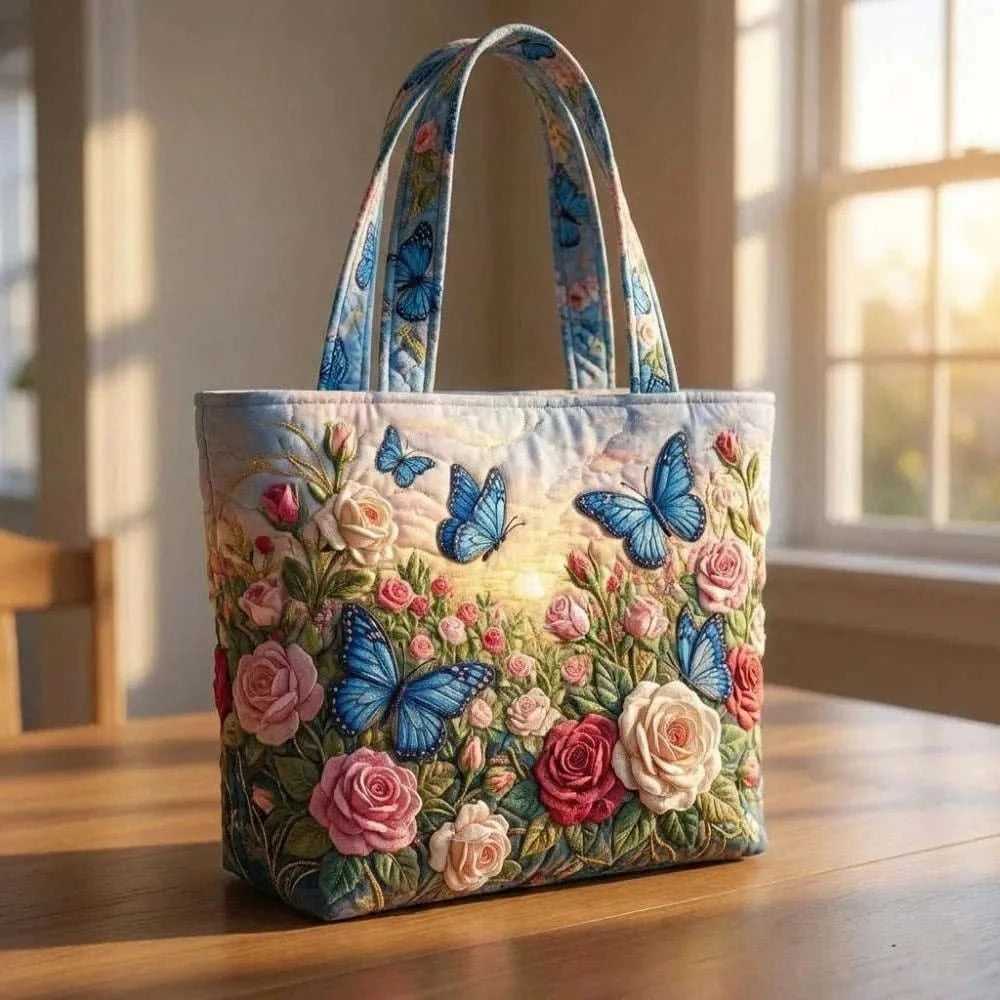 Butterfly Patterns Women Quilted Tote Bag Vintage Lightweight Travel Handbag Large Capacity 3D Printed Patterns Shopping Bag Namahfad