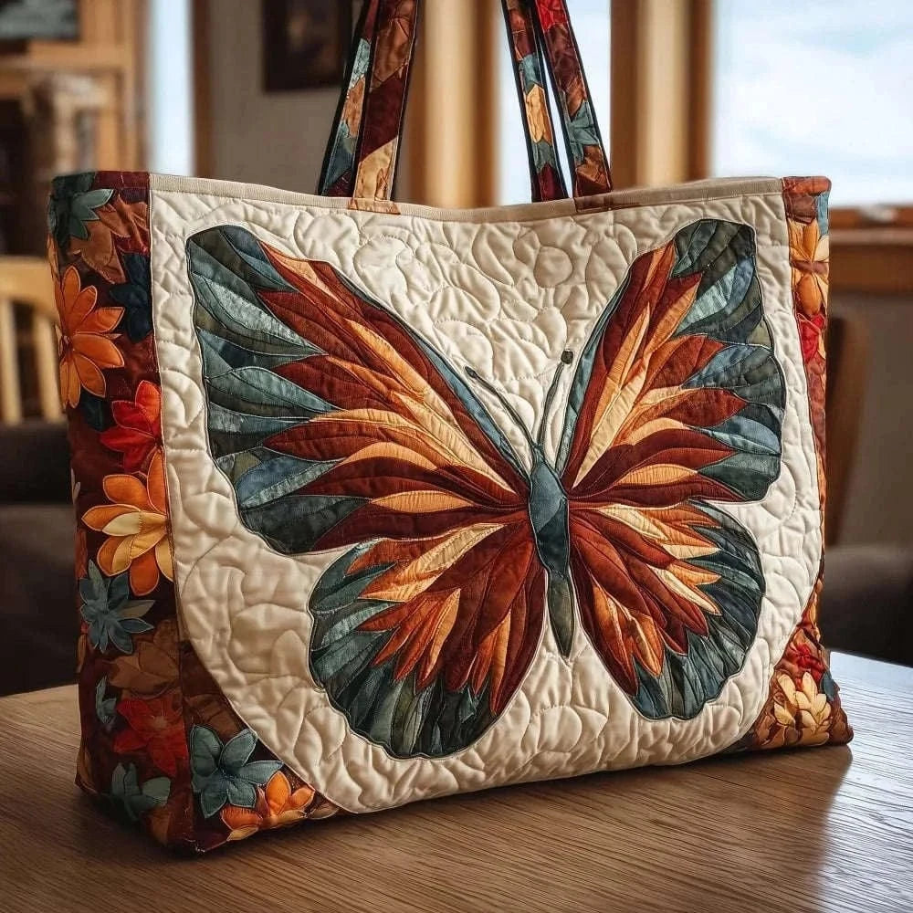 Butterfly Patterns Women Quilted Tote Bag Vintage Lightweight Travel Handbag Large Capacity 3D Printed Patterns Shopping Bag Namahfad