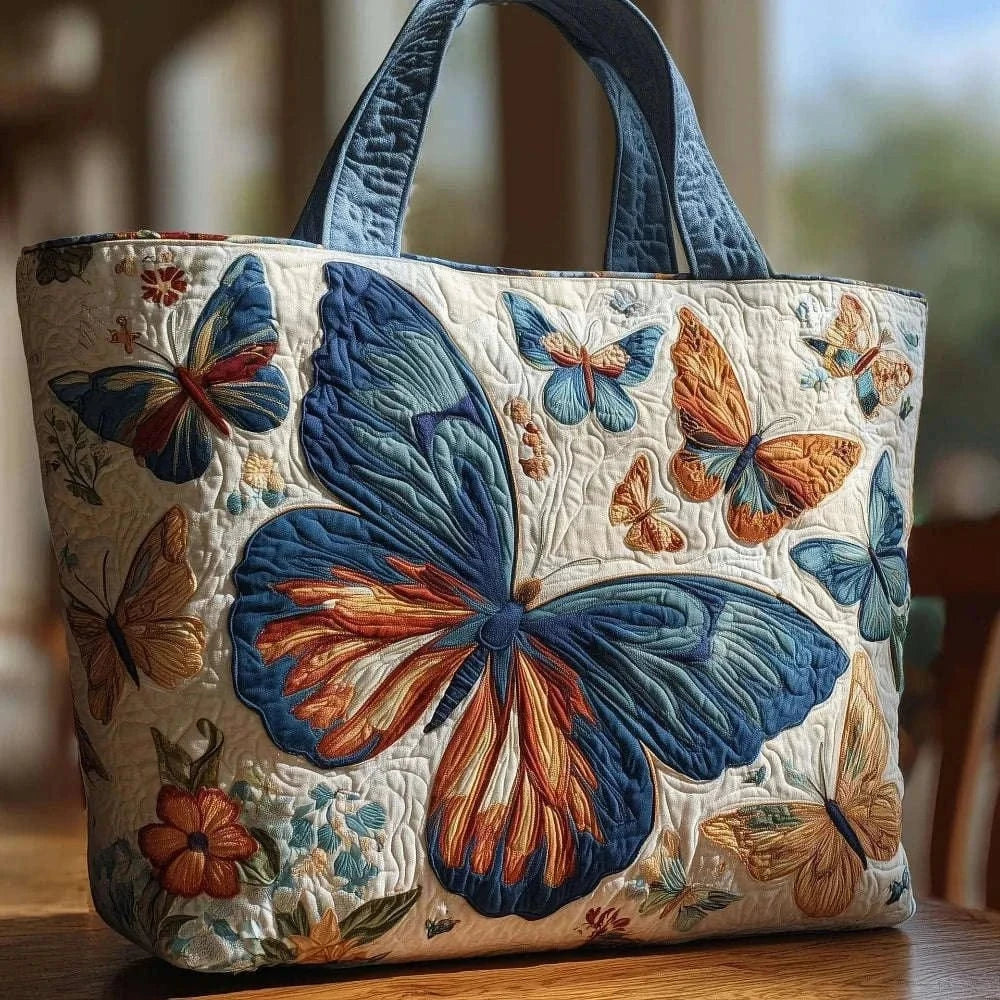 Butterfly Patterns Women Quilted Tote Bag Vintage Lightweight Travel Handbag Large Capacity 3D Printed Patterns Shopping Bag Namahfad