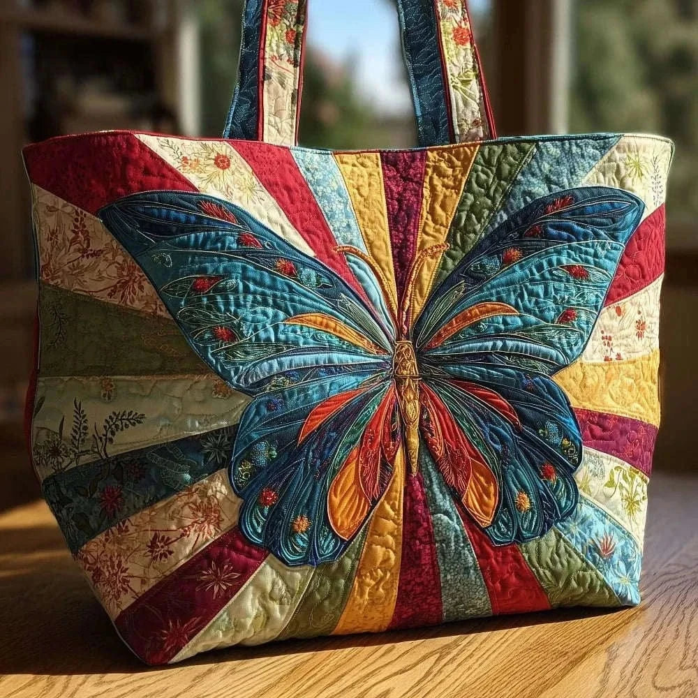 Butterfly Patterns Women Quilted Tote Bag Vintage Lightweight Travel Handbag Large Capacity 3D Printed Patterns Shopping Bag Namahfad