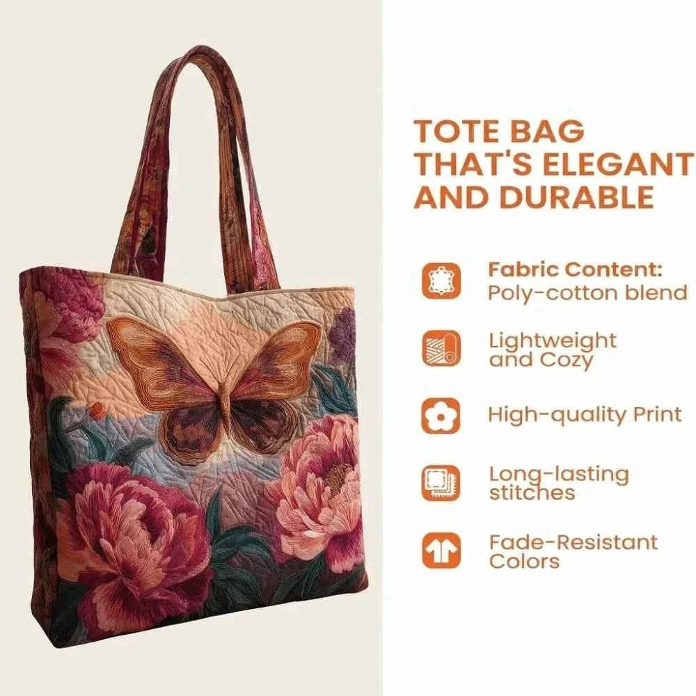Butterfly Patterns Women Quilted Tote Bag Vintage Lightweight Travel Handbag Large Capacity 3D Printed Patterns Shopping Bag