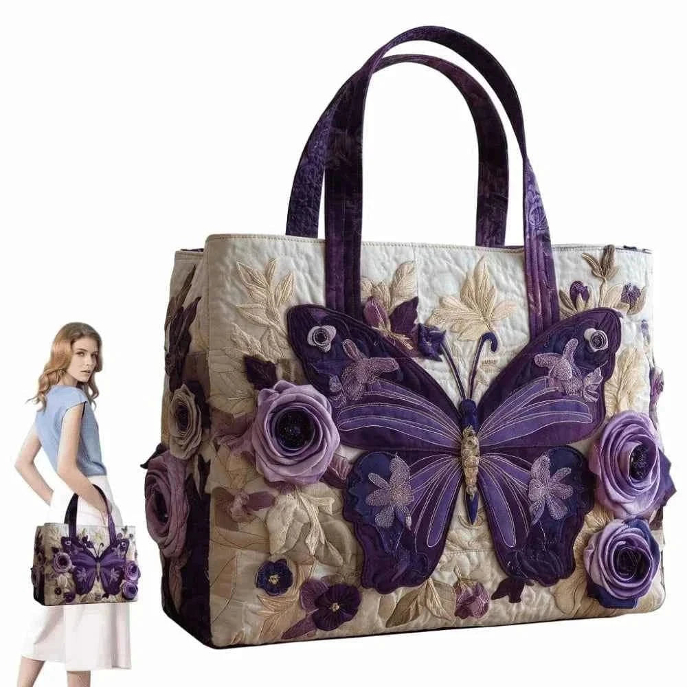 Butterfly Patterns Women Quilted Tote Bag Vintage Lightweight Travel Handbag Large Capacity 3D Printed Patterns Shopping Bag