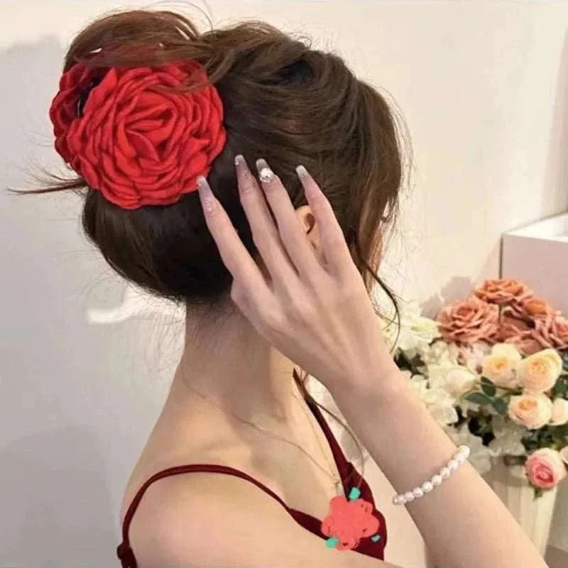 French Romantic Rose Flower Hair Clip Women Elegant Large Shark Clip Hair Claw Ponytail Barrettes Girl Hair Accessories Headwear Namahfad