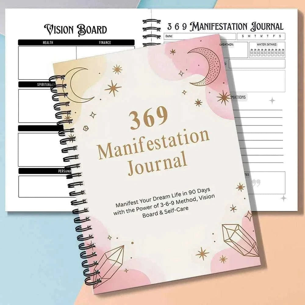 1PC Pink and Gold Crystal Themed Spiral Notebooks, Gentle 369 Manifestation Journal, for Personal Positive Energy Attracting