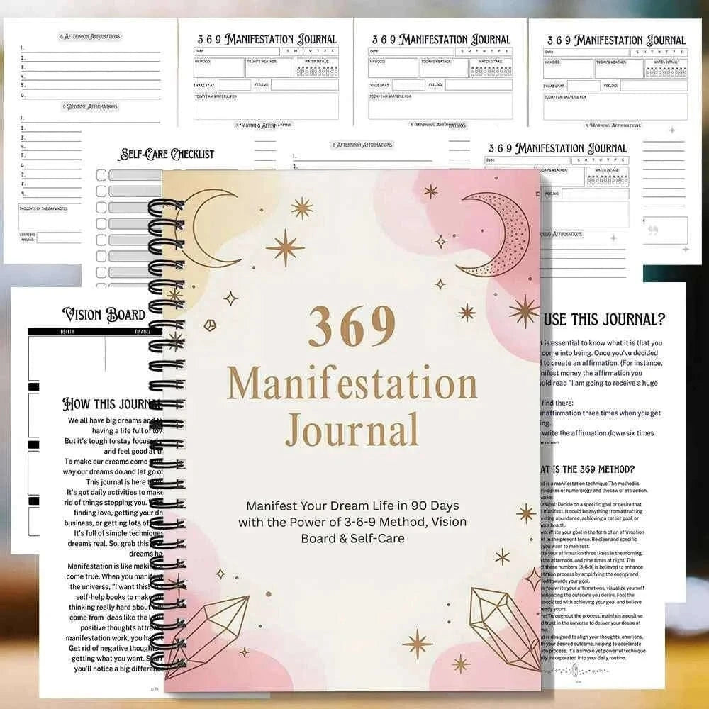 1PC Pink and Gold Crystal Themed Spiral Notebooks, Gentle 369 Manifestation Journal, for Personal Positive Energy Attracting
