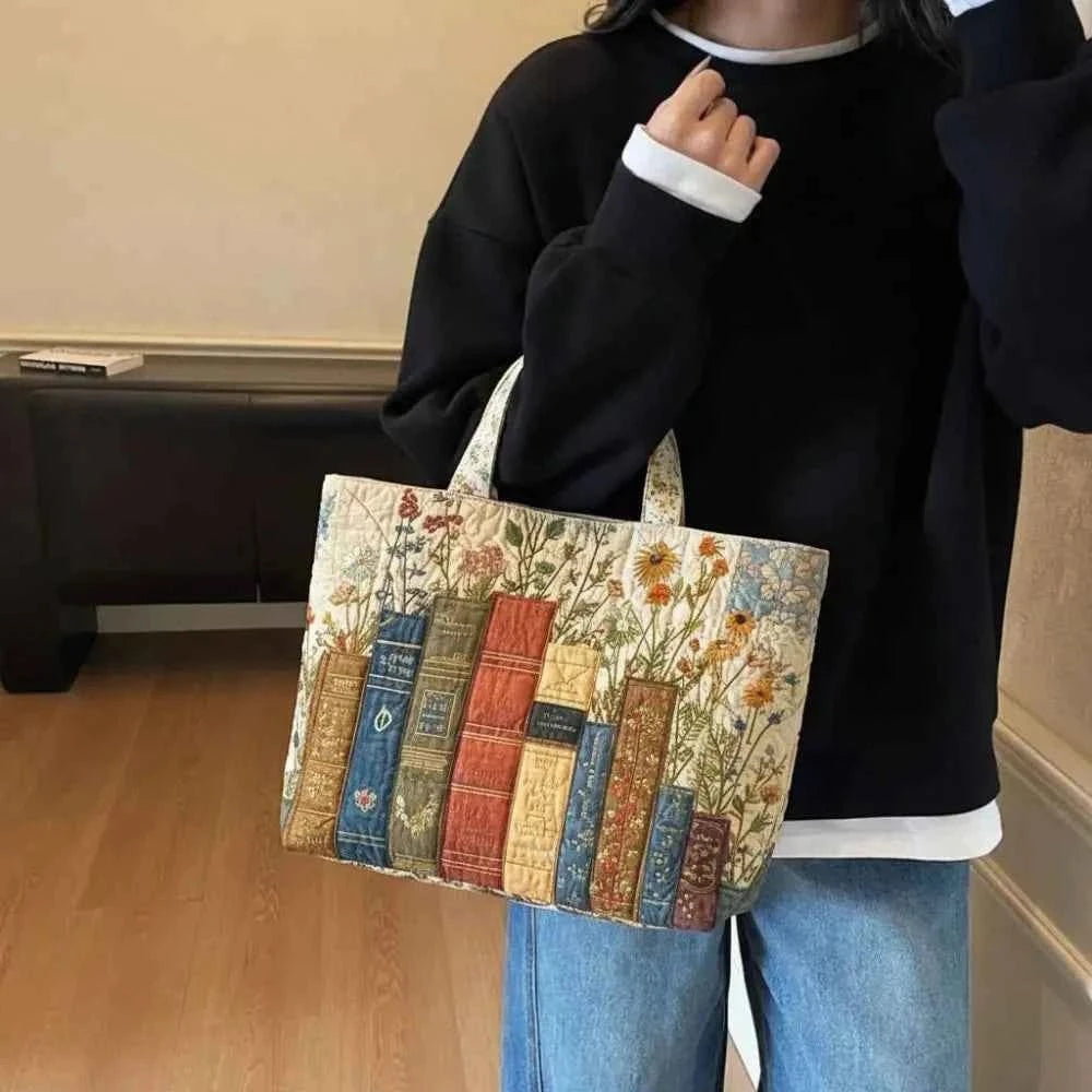 Vintage Women Quilted Tote Bag Lightweight Cotton Travel Handbag 2D Printed Patterns Large Capacity Canvas Shoulder Bag