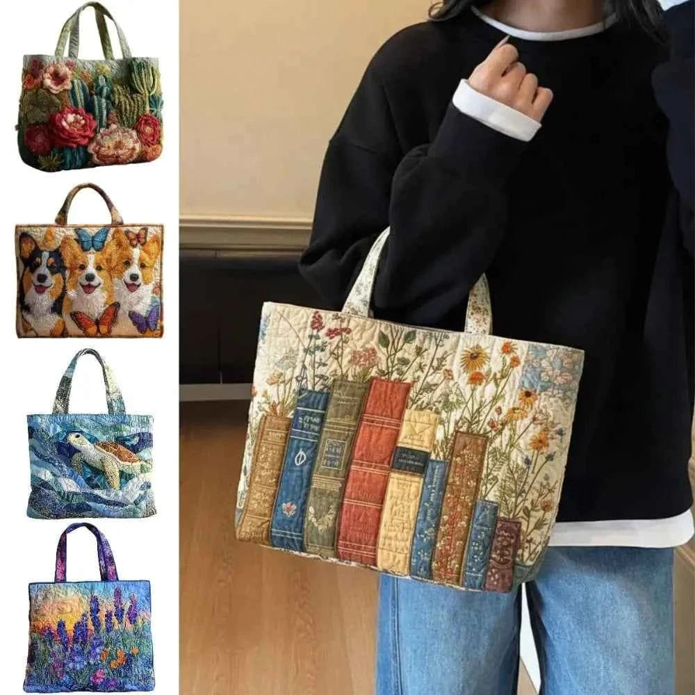 Vintage Women Quilted Tote Bag Lightweight Cotton Travel Handbag 2D Printed Patterns Large Capacity Canvas Shoulder Bag