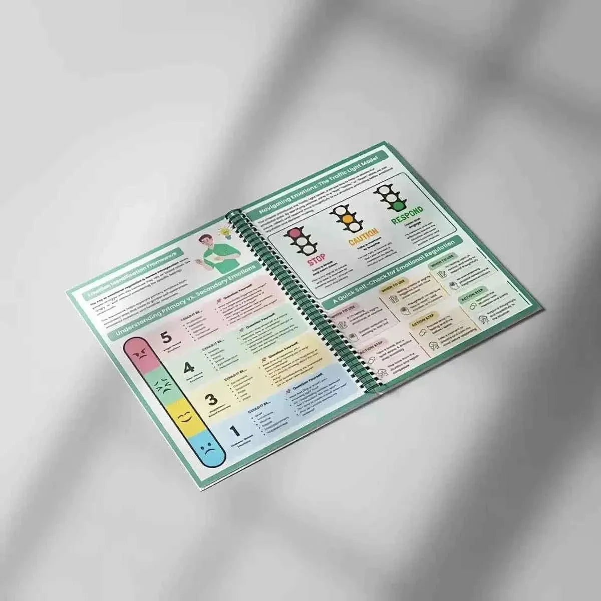 Spiral-bound emotional regulation workbook opened to pages with charts and instructions.