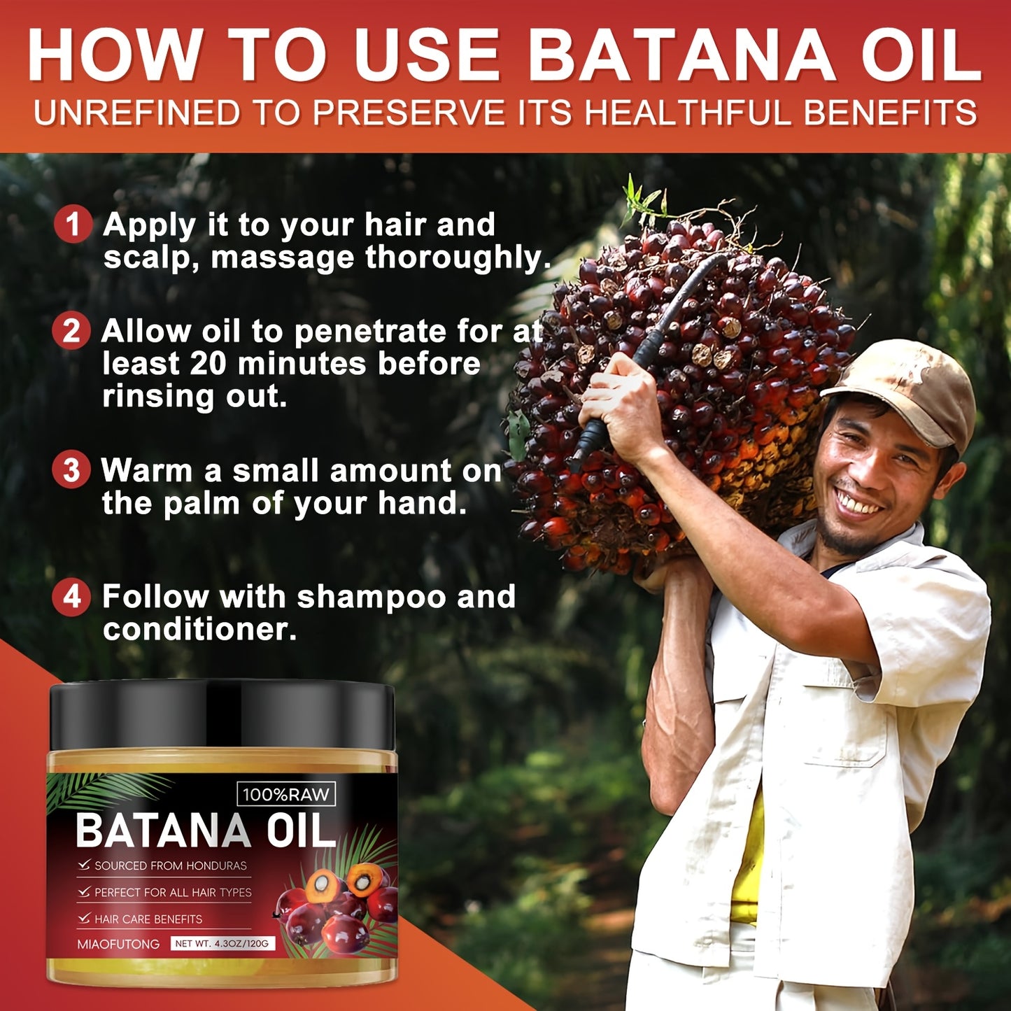 [Honduras Batana Hair Oil] 2pcs Honduras Batana Hair Oil, pure cold-pressed extract, unrefined, moisturizes the scalp and hair, strengthens hair, prevents breakage and split ends, enhances shine, suitable for dry, damaged hai