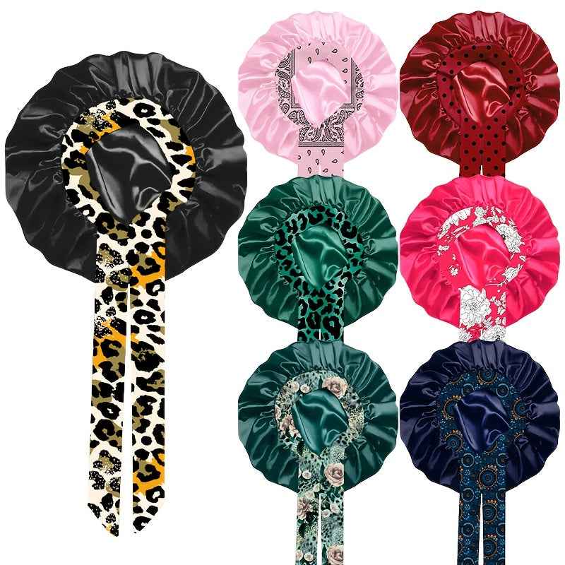 [Bohemian Bonnet] 1pc Soft Polyester Bohemian Style Adjustable Satin Bonnet | Long Ribbons, Sleep Cap, Fashionable Hair Care Bath Hat | No Fragrance