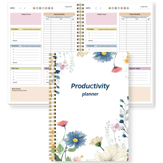 Floral Productivity Planner Spiral Daily Organizer with Focus, Priorities, to Do List, Self Care & Brain Dump