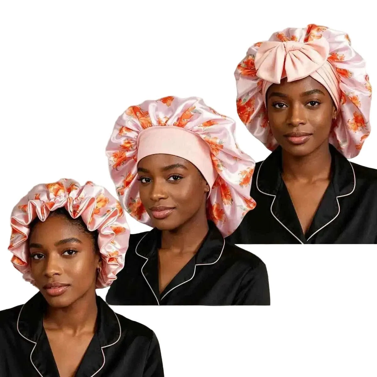 Women's floral satin hair bonnet, pink with orange lily print and ruffled crown (long band)