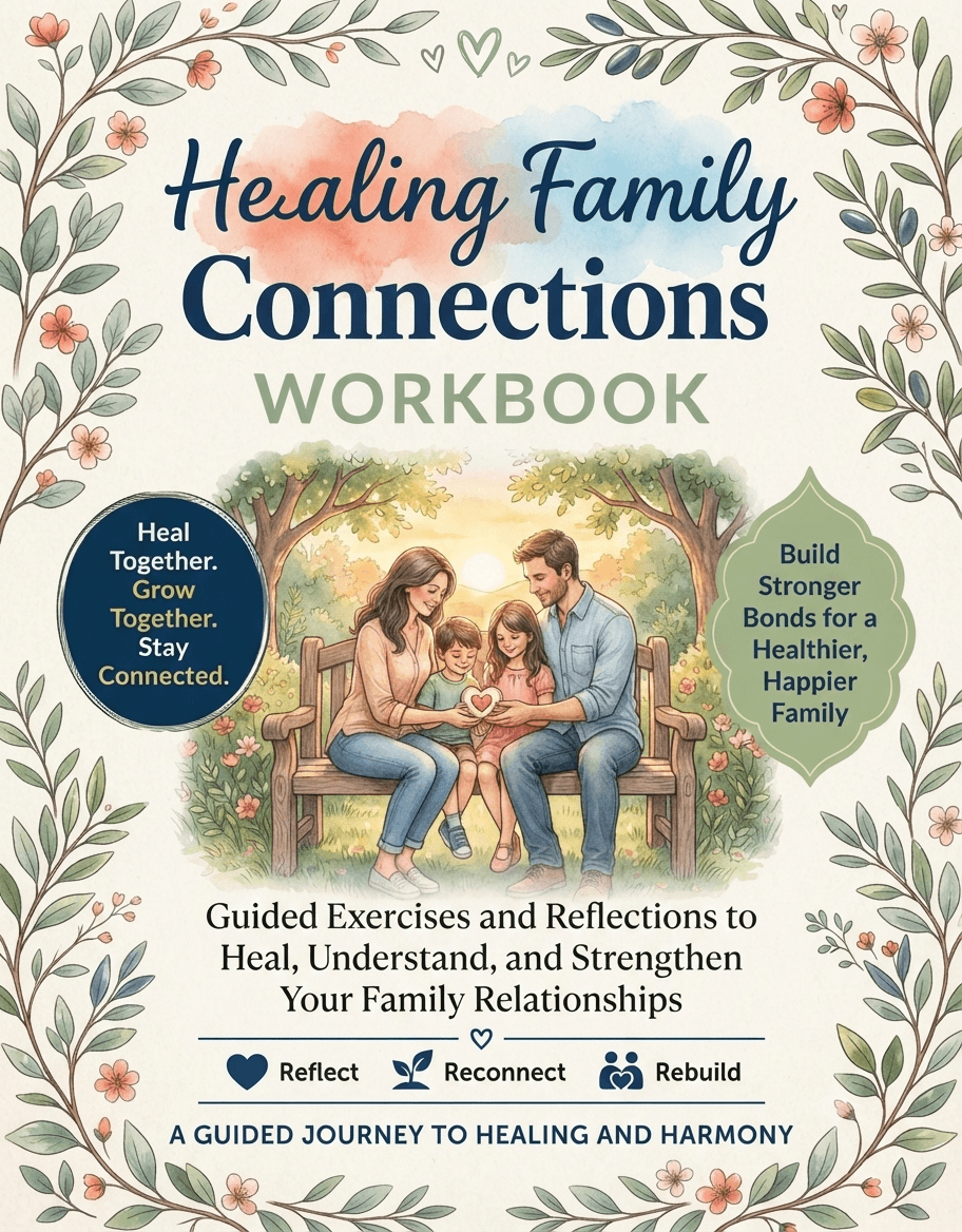 Family connections workbook front cover with floral border and family illustration on porch