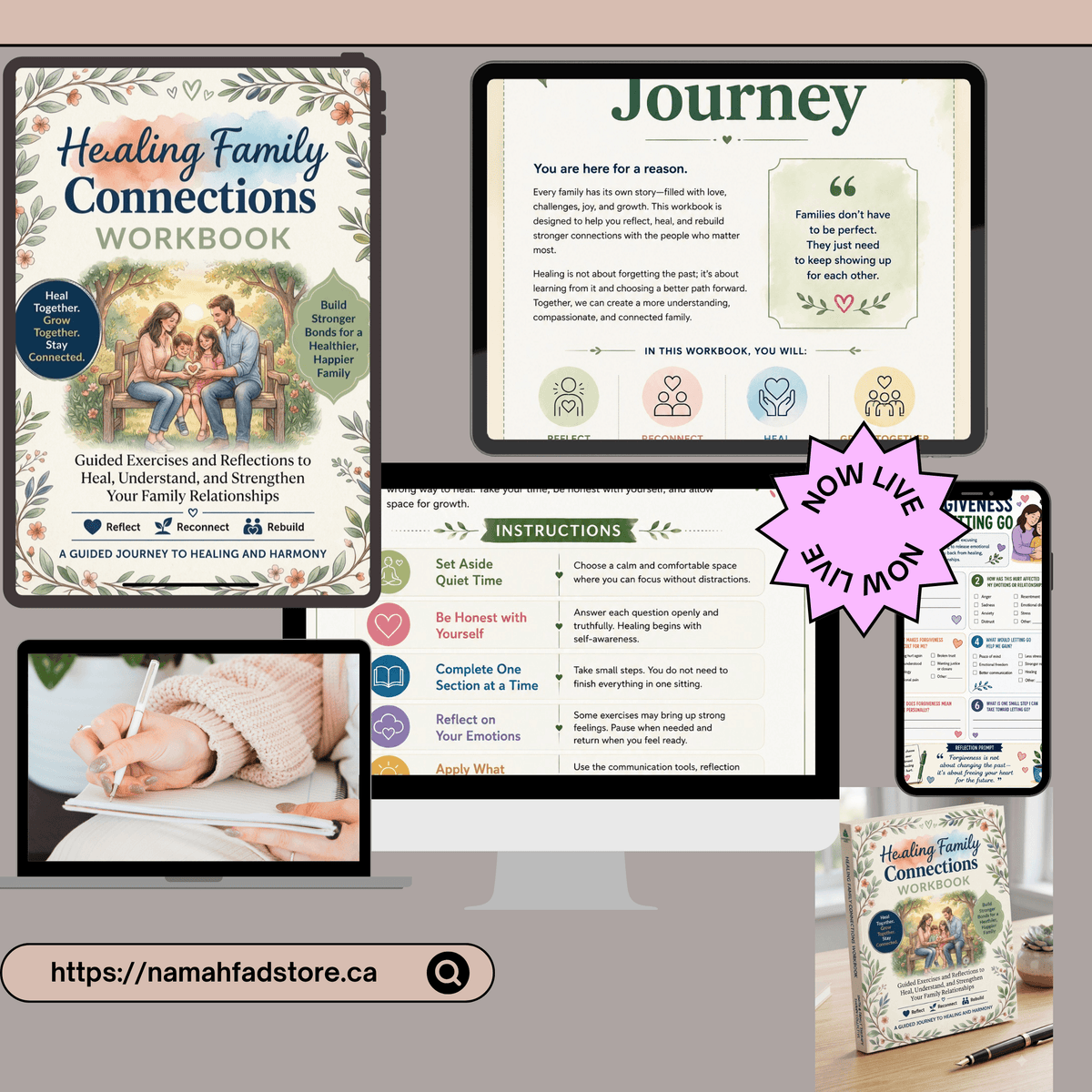 Workbook interior page layouts shown on a screen, with step instructions and notes