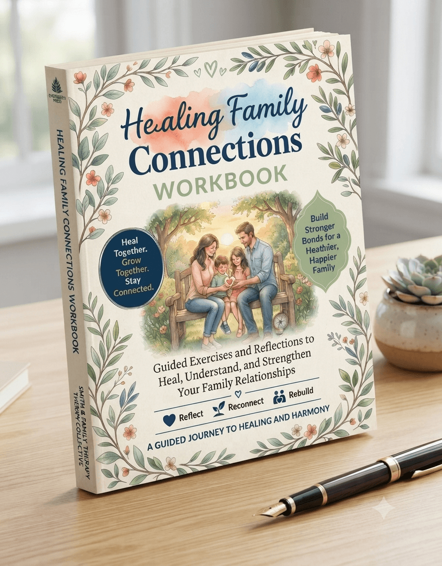 Family connections workbook on desk, featuring floral cover art and family in a garden
