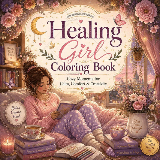 Healing-themed coloring book cover with seated girl, cups, moon, and floral frame
