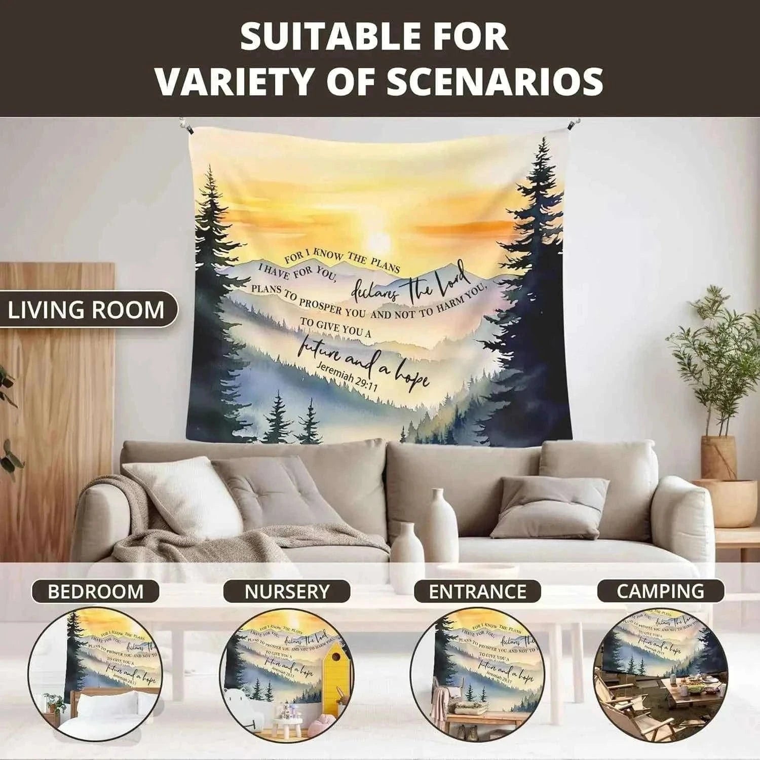 Inspirational Scripture Tapestry Jeremiah 29 11 Christian Wall Hanging Forest Mountain Landscape Boho Home Decor Gift Art