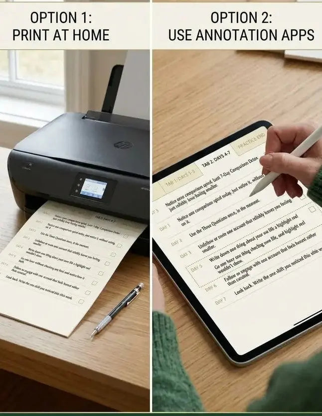 A split-screen comparison showing two options for building self-esteem and breaking comparison: Option 1 prints a worksheet at home with a printer and tablet, and Option 2 uses an annotation app on a tablet held by a person. A dark green banner at the bottom reads, 'A Flexible Practice to Build Self-Esteem & Break Comparison, Your Choice.