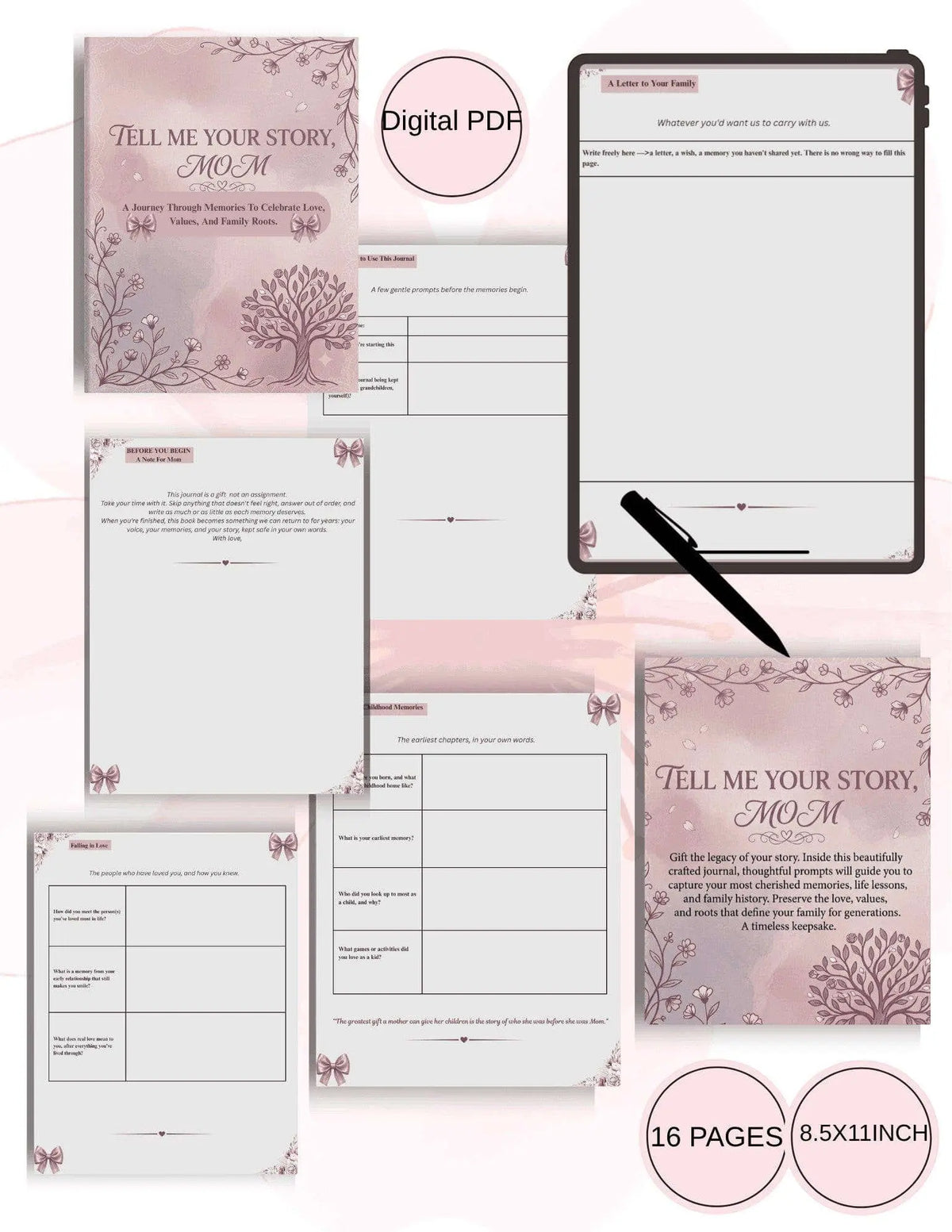 Namahfad digital keepsake journal for mom with floral cover, guided memory prompts, and 16 printable PDF pages.
