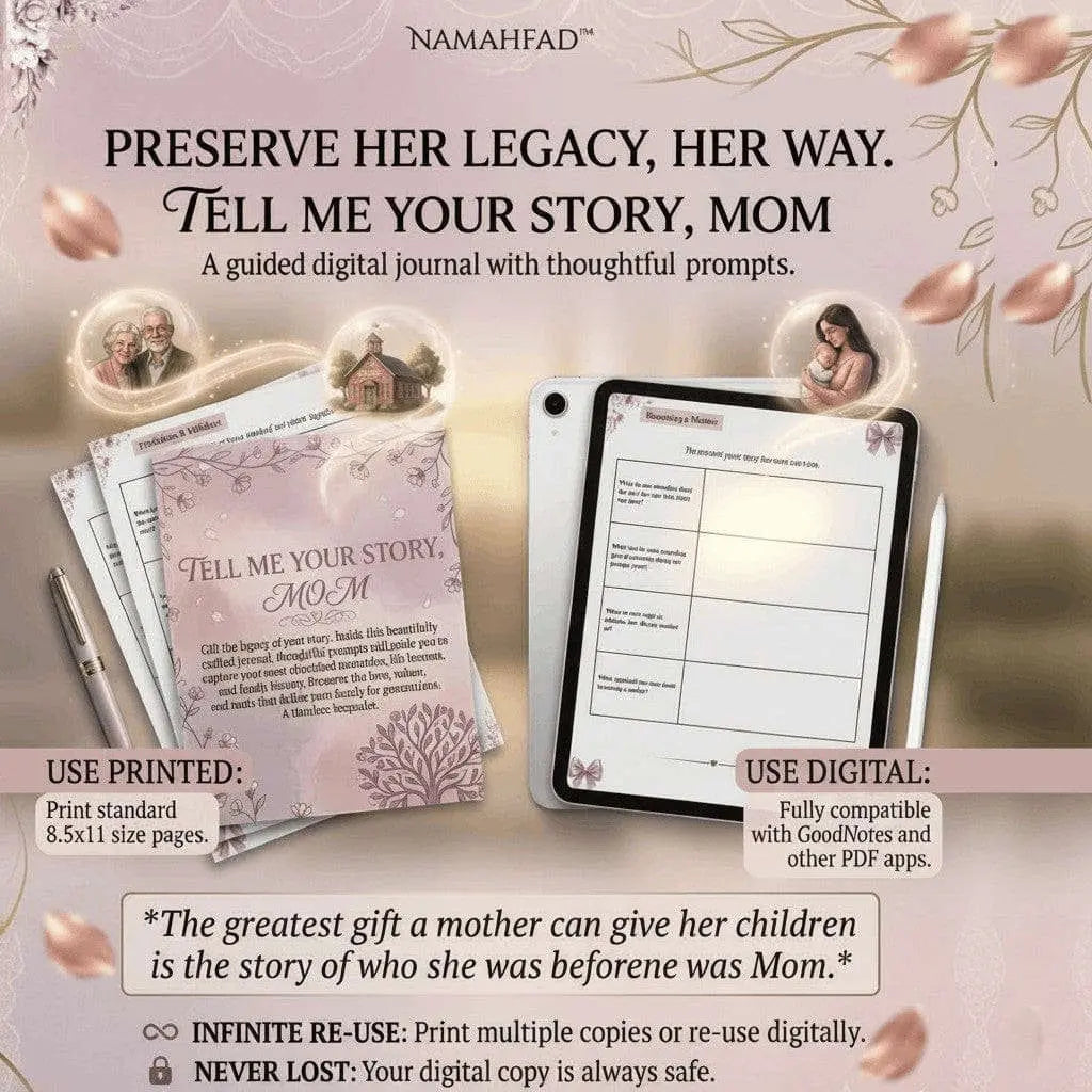 Namahfad Tell Me Your Story Mom digital keepsake journal shown as a printed book and on a tablet with stylus.