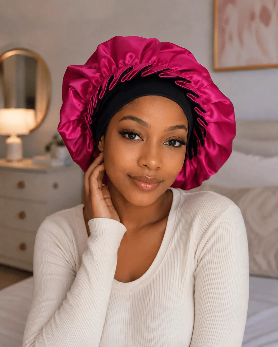 Fuchsia satin sleep hat with ruched bonnet edge and dark wavy trim, women’s hair cap