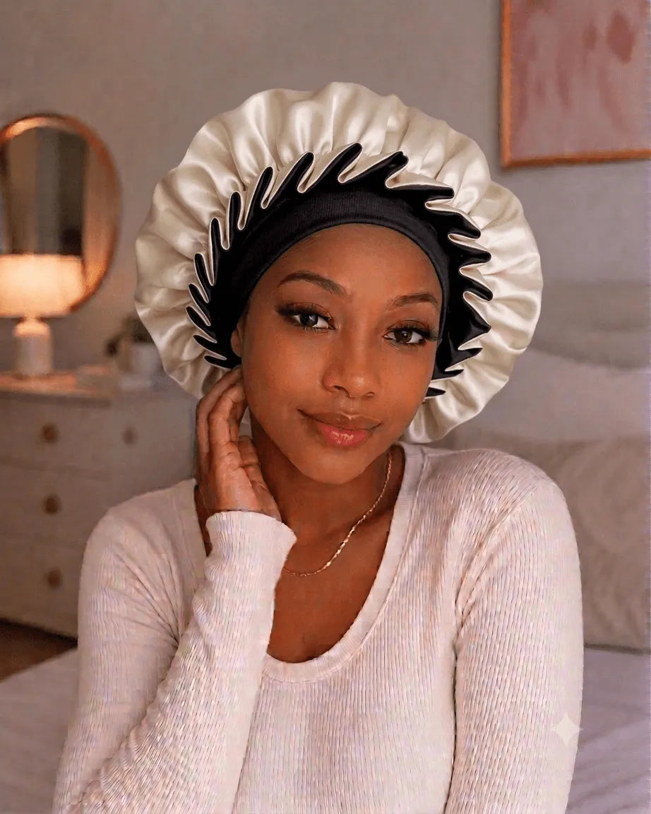Cream satin sleep hat with ruched bonnet edge and dark wavy trim, women’s hair cap