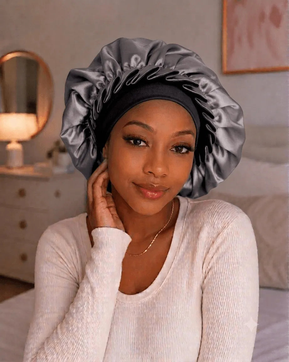 Dark gray satin sleep hat with ruched bonnet edge and wavy trim, women’s hair cap