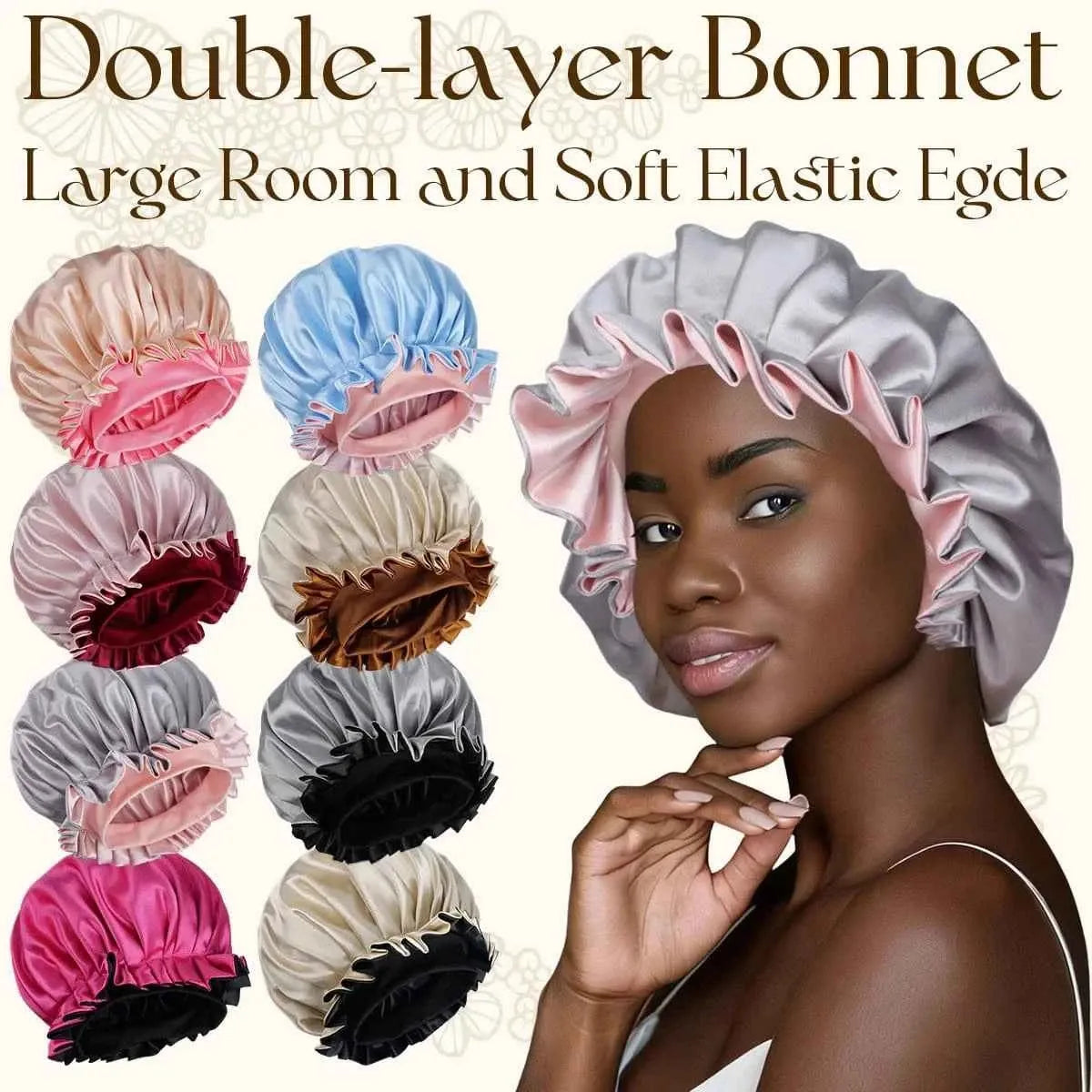 Double-layer satin sleep bonnet with ruffled edge, gray outer and pink trim