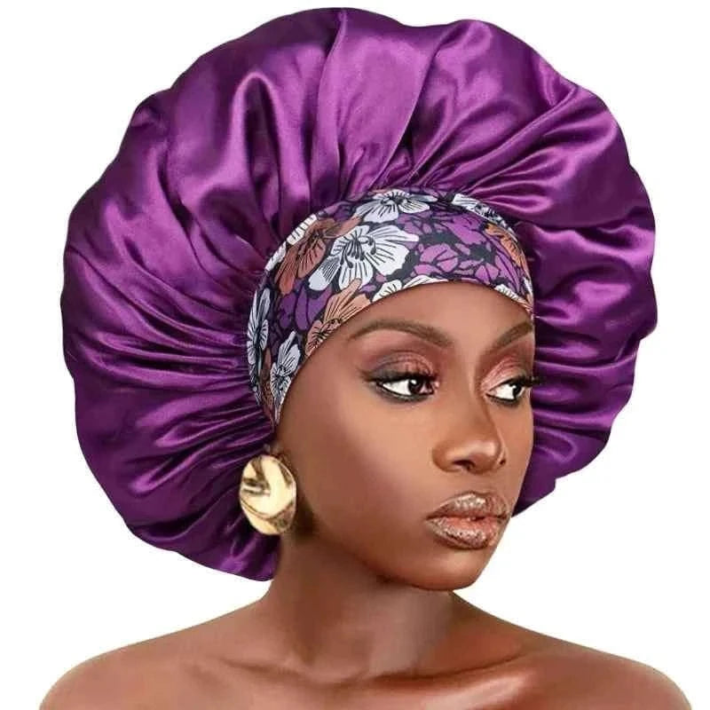 Large Women Satin Bonnet Night Hat Flower Print Elastic Wide Band Sleeping Cap Women Hair Care Shower Cap Hats Head Wrap