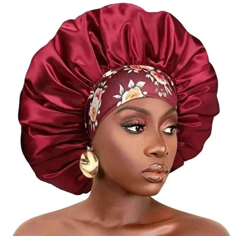 Large Women Satin Bonnet Night Hat Flower Print Elastic Wide Band Sleeping Cap Women Hair Care Shower Cap Hats Head Wrap