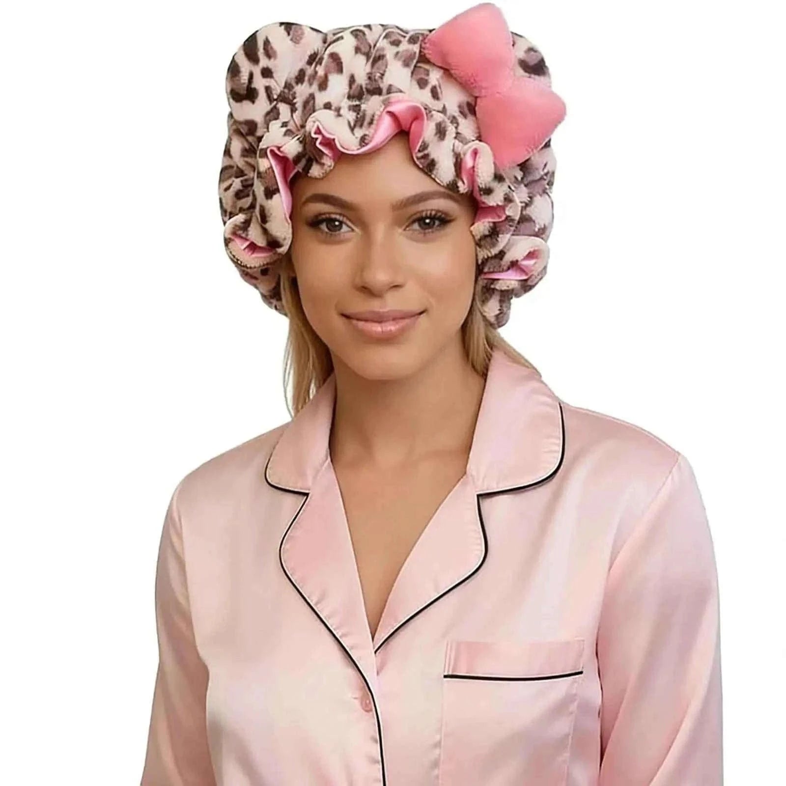 Luxury Leopard Pink Sleep Cap – Satin Lining, Frizz Control, Stretch Fit for Curly Hair