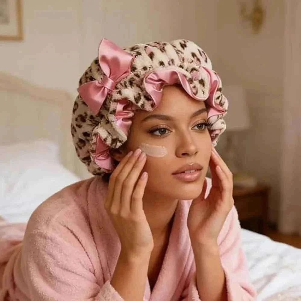 Luxury Leopard Pink Sleep Cap – Satin Lining, Frizz Control, Stretch Fit for Curly Hair