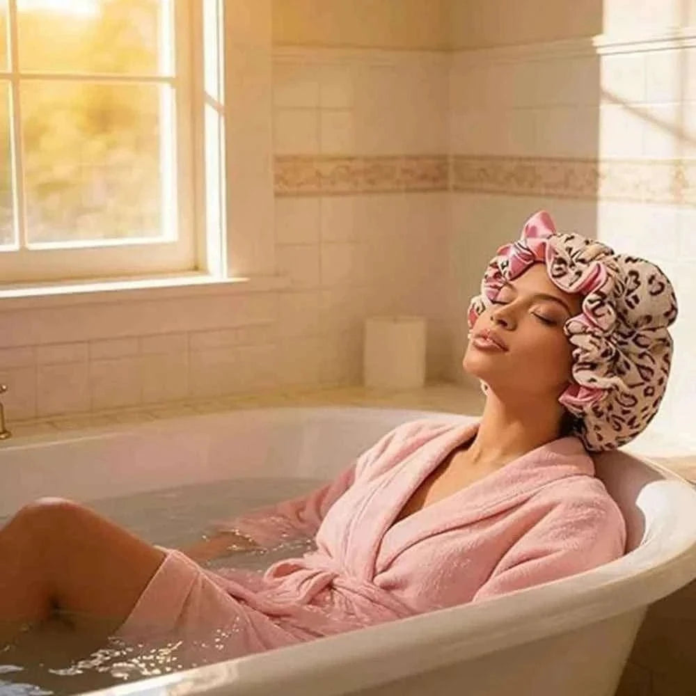 Luxury Leopard Pink Sleep Cap – Satin Lining, Frizz Control, Stretch Fit for Curly Hair