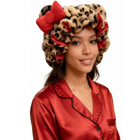 Luxury Leopard Pink Sleep Cap – Satin Lining, Frizz Control, Stretch Fit for Curly Hair
