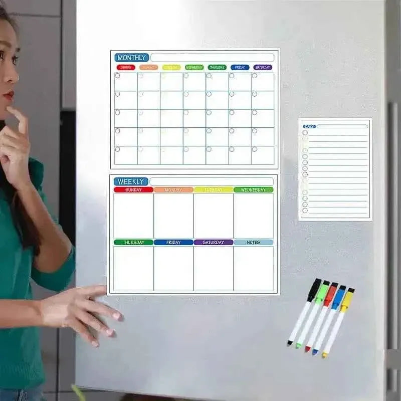 Magnetic monthly and weekly whiteboard planner with colored dry-erase pens