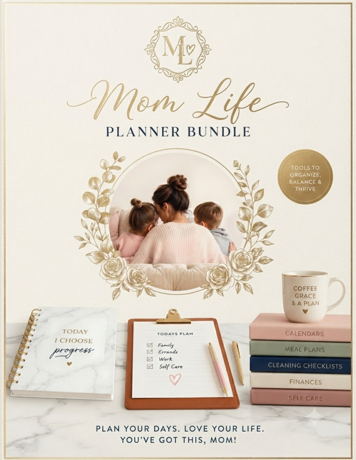 A styled flat-lay of a Mom Life Planner Bundle featuring a cream-colored planner cover with gold and navy text, a circular photo of a mother with children, and coordinating stationery items including a marble notepad, a clipboard with a checklist, a pink mug, and stacked books on a white marble surface.
