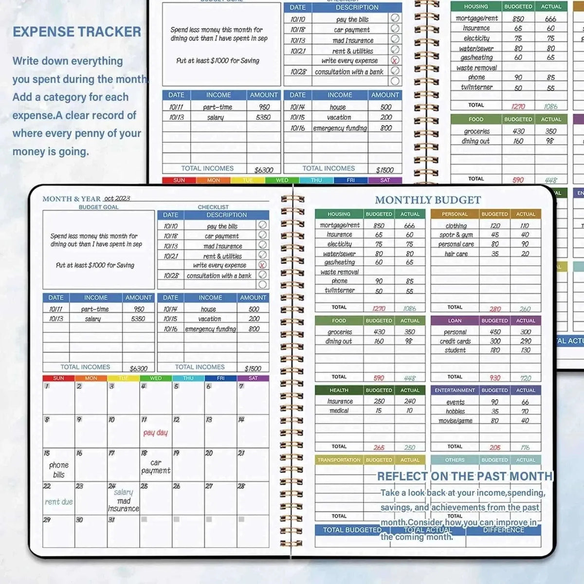 Budget planner open to expense tracker and monthly budget pages with tables