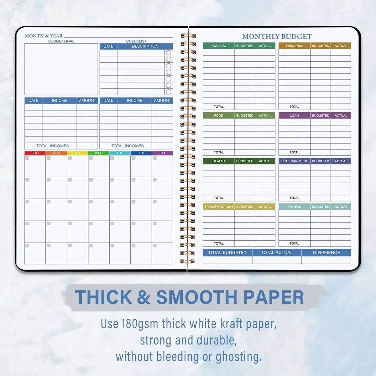 Open budget planner with blank monthly grid sections and printed headings