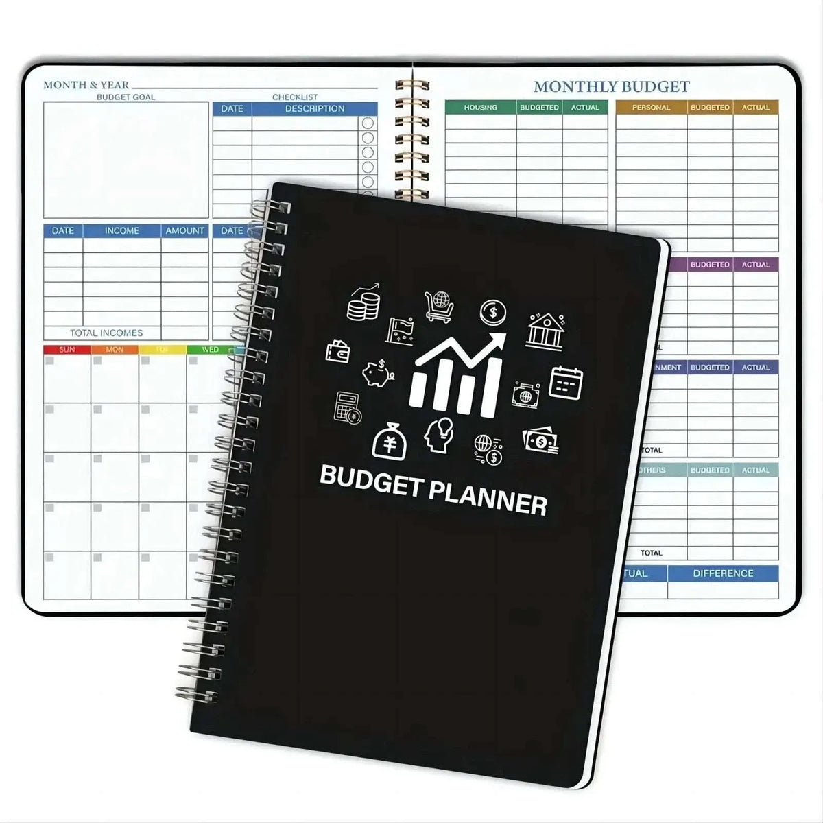Black budget planner notebook with white gold-style icons and spiral binding