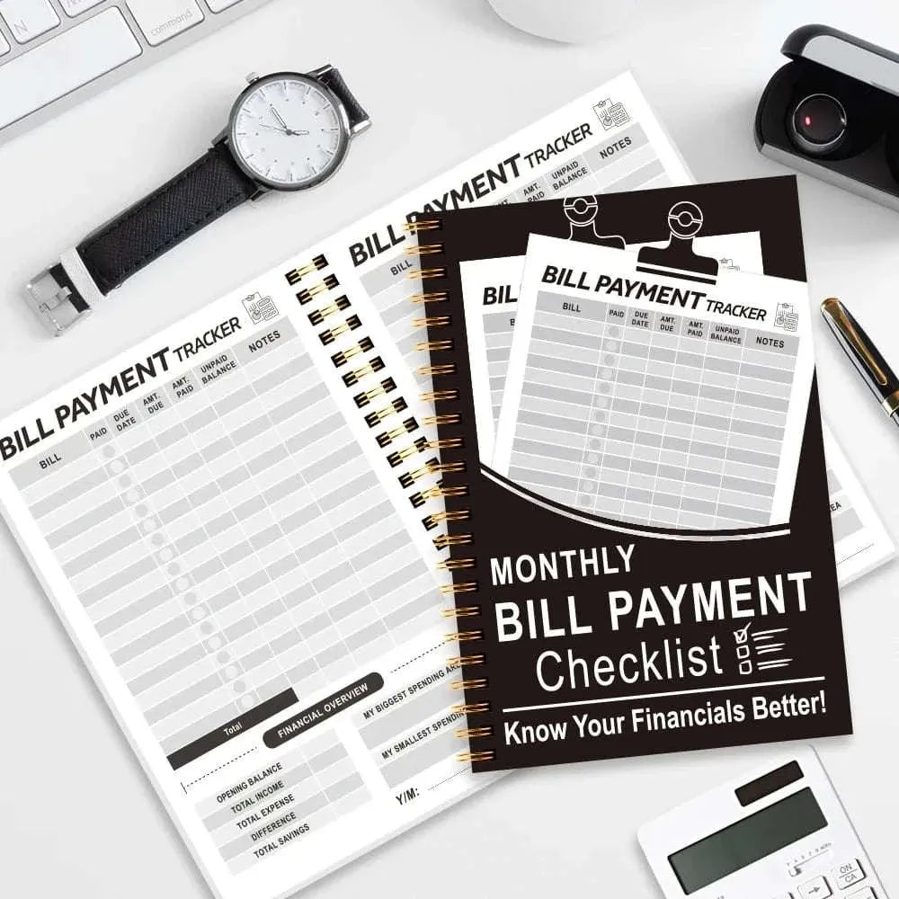 Bill payment tracker pages with checklists in spiral notebooks