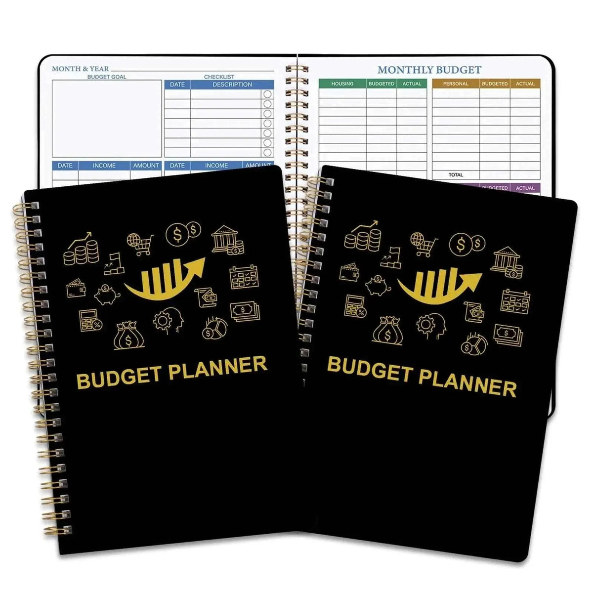 Black budget planner notebook with gold icons, spiral binding, and folder set