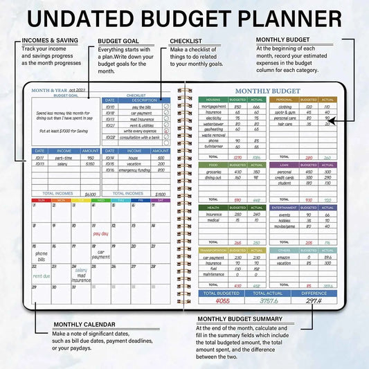 Undated budget planner with printed monthly budget and expense tracker pages